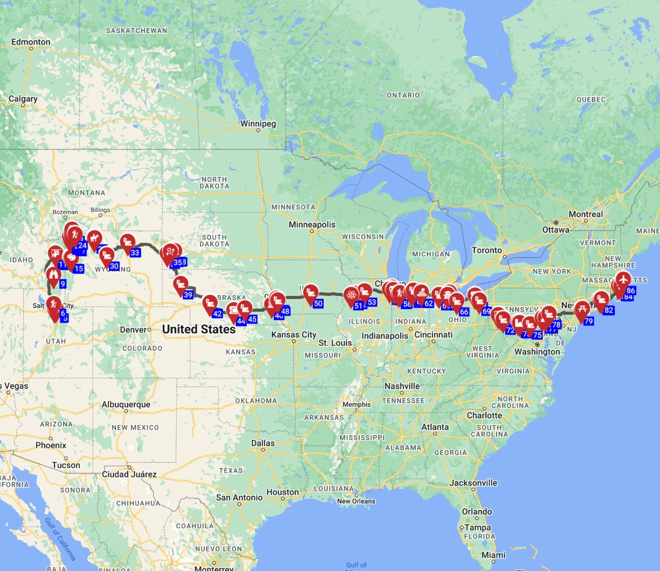 Map for Salt Lake City to Boston - Mountains Monuments and Memories